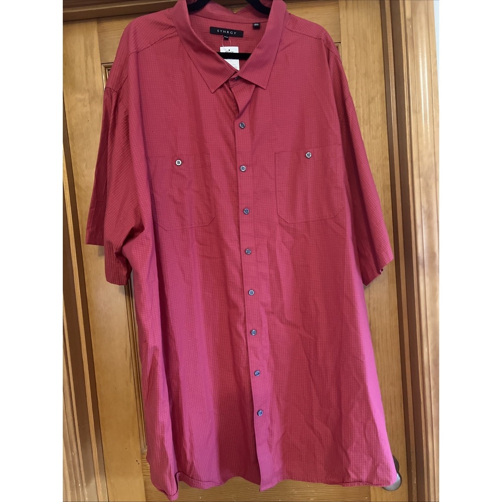 SYNRGY Men's 5xlt  Red Micro Grid Short Sleeve Button Down Shirt 100% Cotton Big